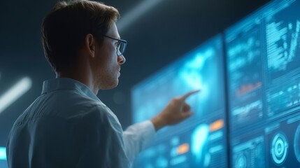 Data scientist analyzing big data dashboard in modern office