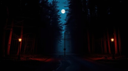 Eerie moonlight illuminates a dark forest path leading to an ornate iron gate