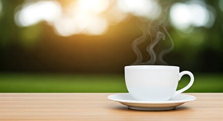 Steaming coffee cup on a wooden table against a blurred green background evokes warmth and relaxation.