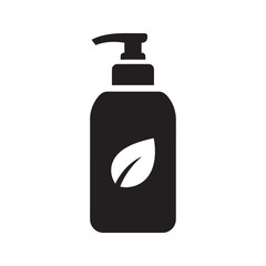 Natural cosmetic lotion icon with pump bottle and leaf for organic skincare product and eco friendly beauty treatment with herbal essence vector solid glyph icon