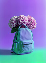 School backpack with Hydrangea flowers growing out of it against fluorescent gradient background. Back to school, futuristic copy space backdrop.