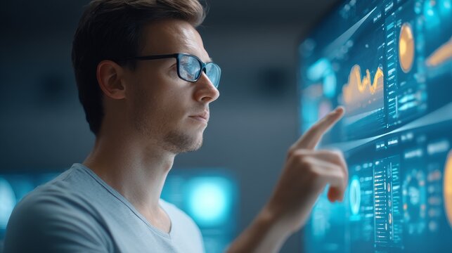 Data scientist analyzing big data dashboard in modern office
