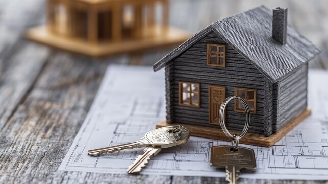 Miniature house model, keys, and architectural plans on a wooden table.