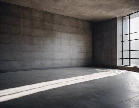 Parallel sunlight beams casting distinct patterns on a gray concrete wall and floor