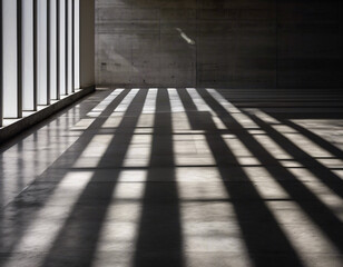 Parallel sunlight beams casting distinct patterns on a gray concrete wall and floor