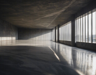Parallel sunlight beams casting distinct patterns on a gray concrete wall and floor