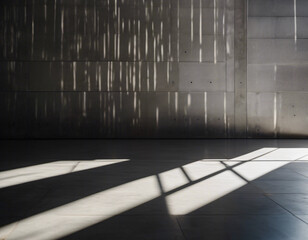 Parallel sunlight beams casting distinct patterns on a gray concrete wall and floor