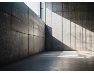 Parallel sunlight beams casting distinct patterns on a gray concrete wall and floor