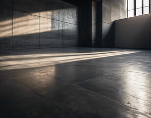 Parallel sunlight beams casting distinct patterns on a gray concrete wall and floor