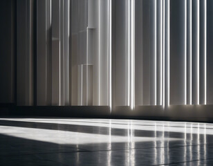 Parallel sunlight beams casting distinct patterns on a gray concrete wall and floor