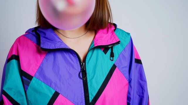 Colorful 90s style jacket and playful bubble gum blowing in closeup sequence