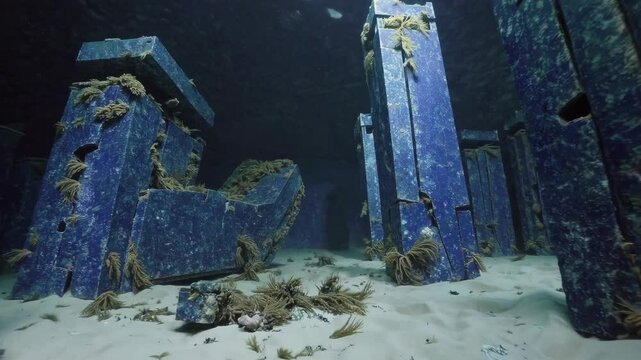interior scenes of abandoned ruins underwater, walls and pillars made of lapis lazuli, crumbling scenes, dim light