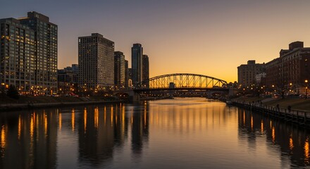 Golden Hour Cityscape Bridge River and Buildings at Sunset