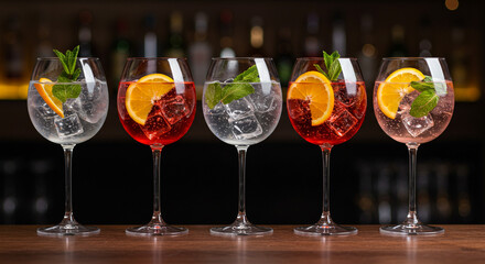 Five wine glasses filled with cocktails ice orange slices and mint leaves arranged on a wooden surface