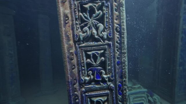 interior scenes of abandoned ruins underwater, walls and pillars made of lapis lazuli, crumbling scenes, dim light
