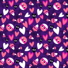 Fototapeta premium Cartoon monsters seamless Halloween spider pattern for wallpaper and fabrics and textiles and packaging and linens