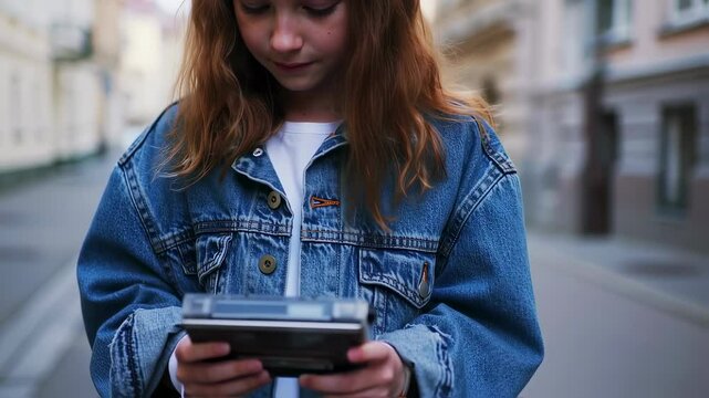 Young girl engaged with retro device walking down urban street in denim jacket