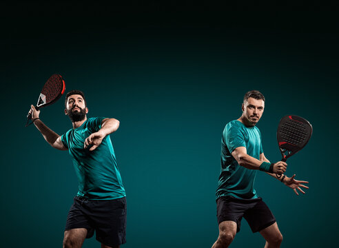 Two professional padel players with rackets on green background. Open social tournament template.