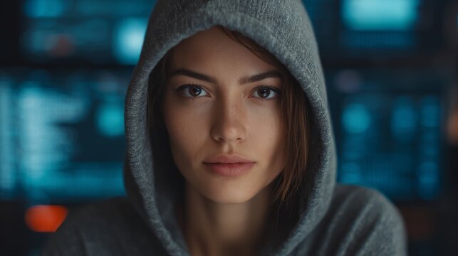 Young female hacker in hoodie cyber space digital art dark theme