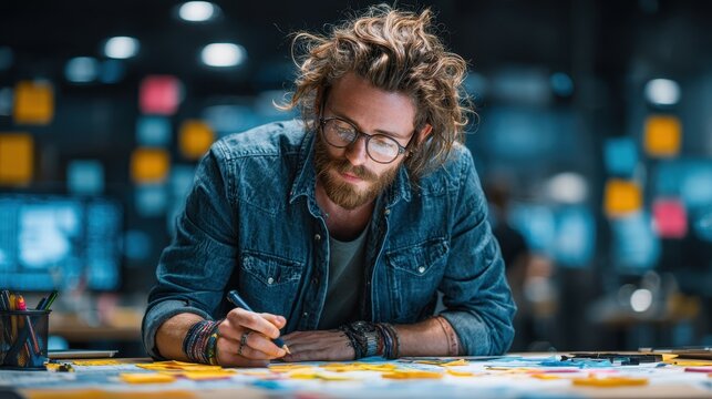 Man working on planning strategy with sticky notes and a pen in an office late at night to meet deadline goals and boost team productivity