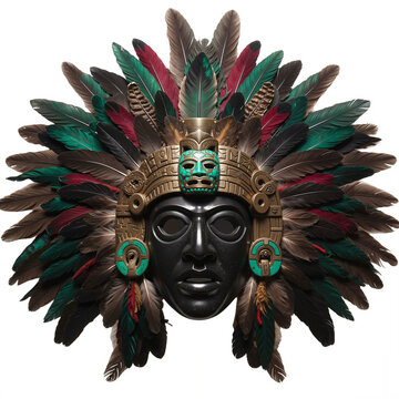 Aztec God Tezcatlipoca Mask in Obsidian and Feathers, Three-Quarter View with Cinematic Lighting, Isolated on White Background, High-Resolution Aztec Turquoise Mask