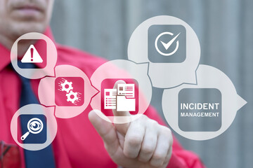 Concept of incident management. Business person using virtual touch screen presses the inscription: INCIDENT MANAGEMENT. Incident response plan.