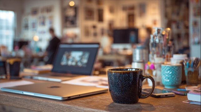 Close up of mug on rustic table during daytime meeting at a coworking space in Berlin, Germany with blurred people