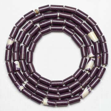 North American Indigenous Iroquois Wampum Beads, Deep Purple and White Cylindrical Shell Wampum Beads Arranged in a Belt, Close-Up Side View on White Background, High-Resolution Museum-Quality Artifac