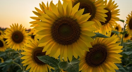 Obraz premium Golden Hour Sunflower Field CloseUp at Dusk