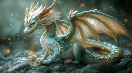 Fototapeta premium Adorable fantasy dragon with golden and teal scales sitting on rocks with glowing wings for creative children’s content.