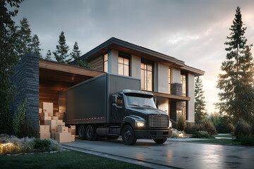 Moving truck unloading boxes at a modern house during golden hour in a suburban area