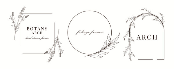 Hand drawn frames. Borders. Boho branch. Minimal element. Floral and botanical. Wedding rustic. Leaf and flowers. Branches and herbs.  Retro vintage corners. Line art. Round twigs. Logo Laurel