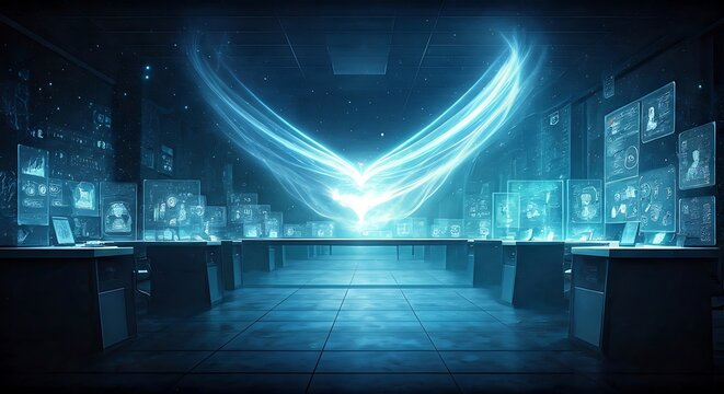 Futuristic control room with glowing holographic displays and a central energy vortex creates a sense of advanced technology.