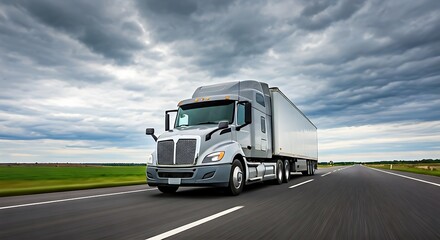 Silver Semi-Truck speeding down a highway under a dramatic sky, symbolizing freight transport and logistics.