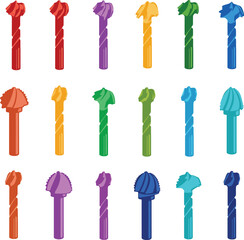 Colorful drill bits vector illustration showcasing a vibrant assortment of industrial and DIY tools, ideal for construction, carpentry, and repair-themed designs.