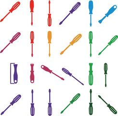 Vector and illustration of a diverse collection of colorful flathead screwdrivers, perfect for home improvement, DIY, and professional repair projects.