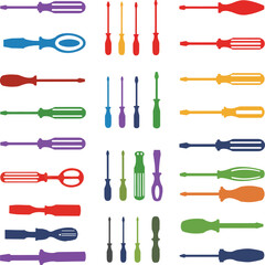 Vector and illustration of a diverse collection of colorful flathead screwdrivers, perfect for home improvement, DIY, and professional repair projects.