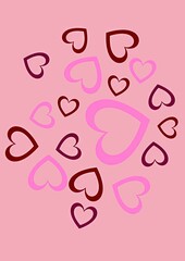 Colorful hearts in various sizes on a pink background  
