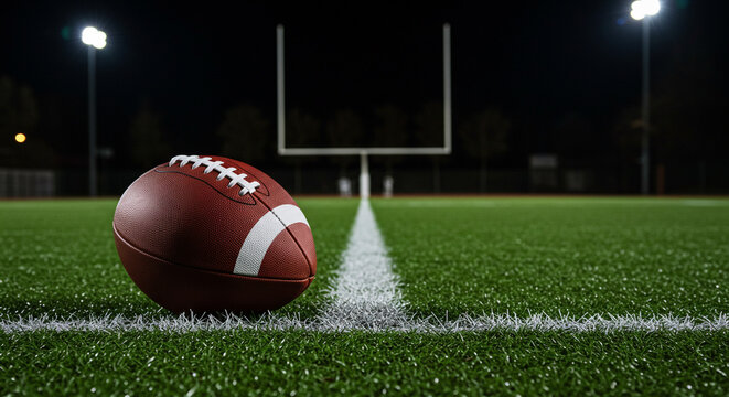 American football on the field at night with goal post and stadium lights in the background view at ground level - Powered by Adobe