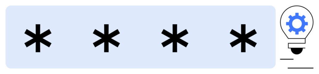 Obraz premium Light bulb with gear inside symbolizing innovation next to four password asterisks. Ideal for technology, security, creativity, digital tools, problem-solving, cybersecurity, abstract concepts