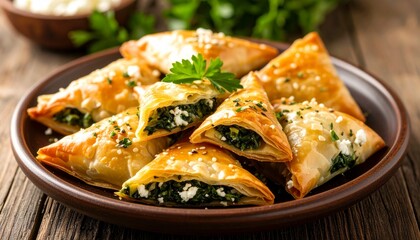 Greek Spanakopita Triangles. Vegetarian Meal Close Up
