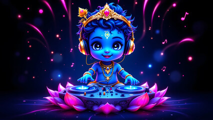 Cute Baby Krishna DJing with Colorful Lights and Music Notes