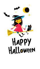 Cute Halloween Witch witch flying on a broom with Black Cat. Happy Halloween Greeting Illustration