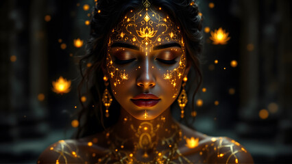 Mystical Woman Illuminated by Golden Orbs and Celestial Sparkles in Ancient Temple