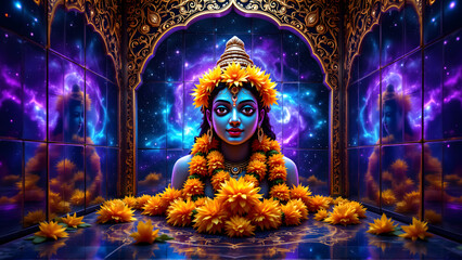 Spiritual Serenity Divine Blue Deity Surrounded by Golden Marigolds and Cosmic Nebula