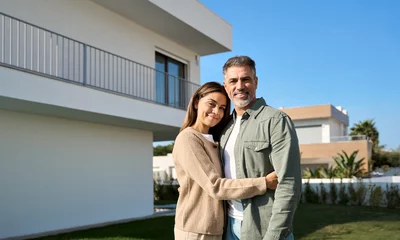 Gardinen New house owners concept. Portrait of happy mature family couple new property modern luxury villa buyers standing outside house, smiling senior middle aged man and woman in love hugging outdoors. © insta_photos