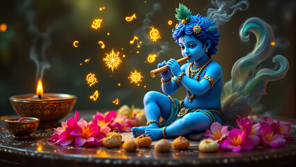 Enchanting Flute Music of Baby Krishna Adorned with Flowers