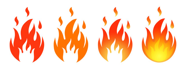 Fire flame, burning bonfire, red flaming blaze, danger flammable safety warning sign. Heating, warm temperature. Ignition, light campfire with sparks. Hot cooking. Bright fiery glow fireplace. Vector