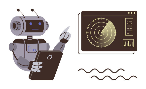 Robot using tablet for data analysis next to radar screen monitoring movement. Ideal for AI, technology, automation, innovation, robotics, data visualization, system tracking. Clean flat metaphor
