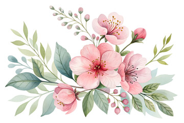 Watercolor floral and leaf arrangement isolated on transparent background, PNG file, hand-painted botanical composition for natural, wedding themes